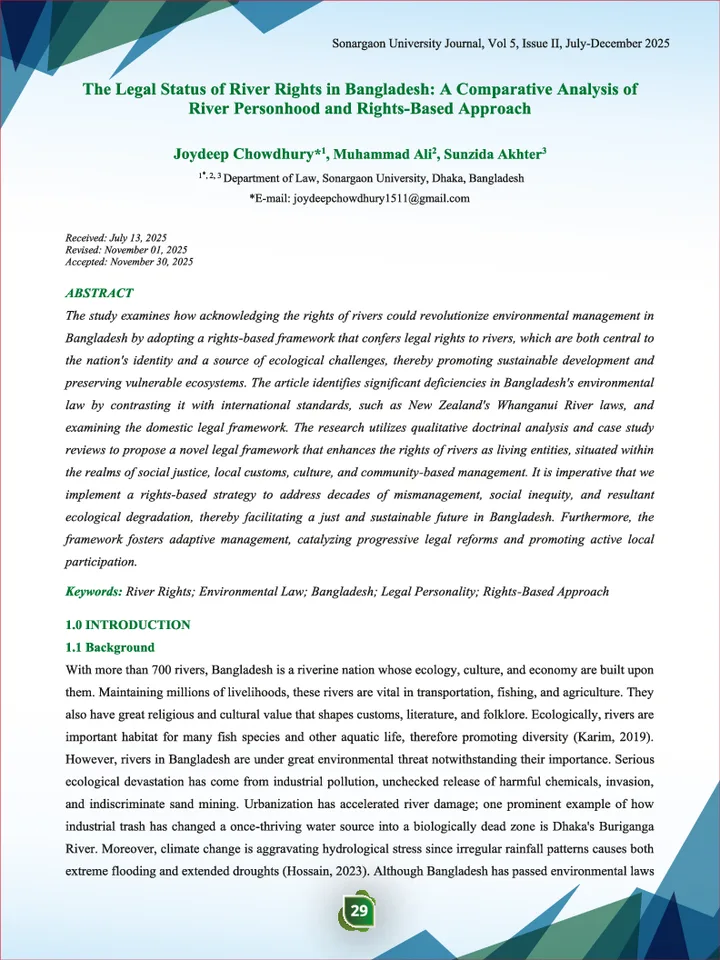 First page of The Legal Status of River Rights in Bangladesh: A Comparative Analysis of River Personhood and Rights-Based Approach