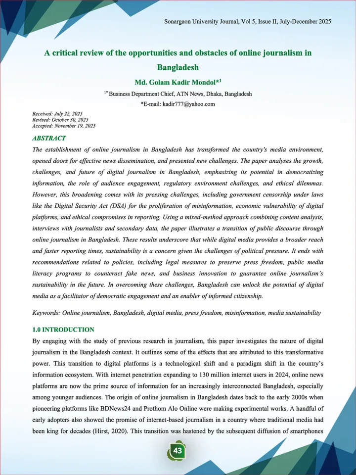 First page of A critical review of the opportunities and obstacles of online journalism in Bangladesh