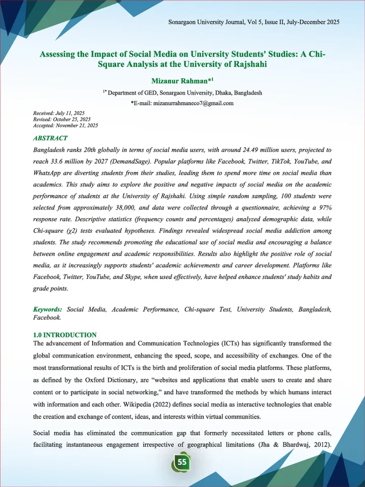 First page of Assessing the Impact of Social Media on University Students' Studies: A Chi-Square Analysis at the University of Rajshahi