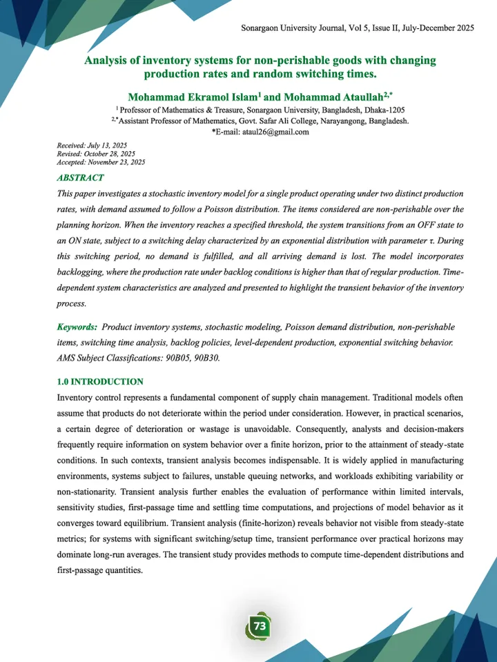 First page of Analysis of inventory systems for non-perishable goods with changing production rates and random switching times.