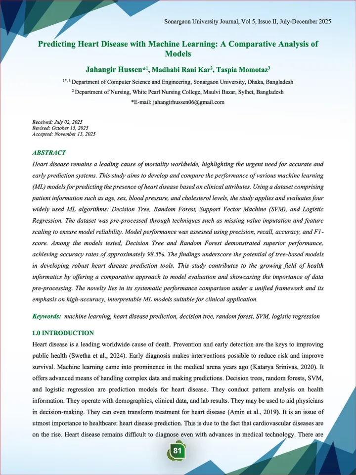 First page of Predicting Heart Disease with Machine Learning: A Comparative Analysis of Models